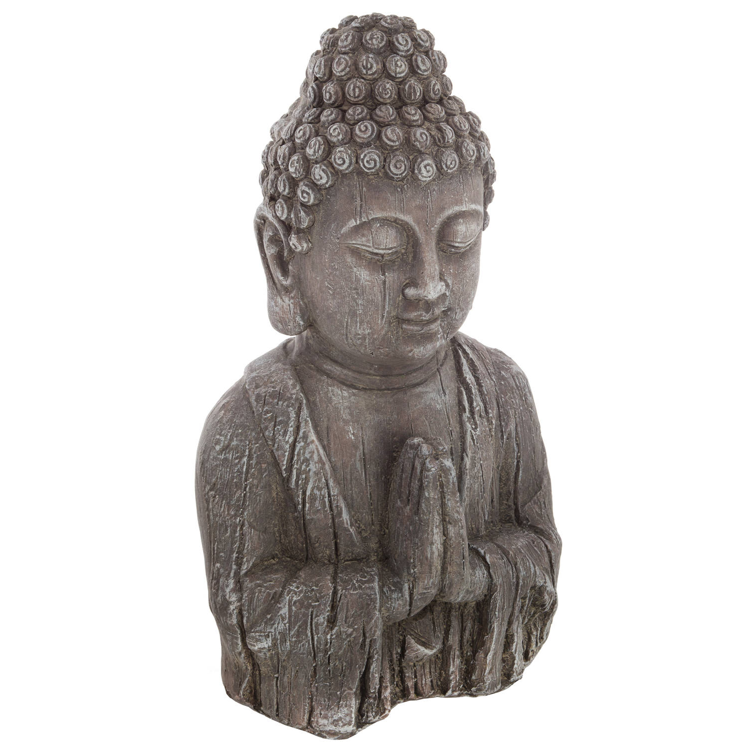 Boeddha hoofd beeld biddend binnen-buiten kunststeen oud hout look 50 cm Beeldjes