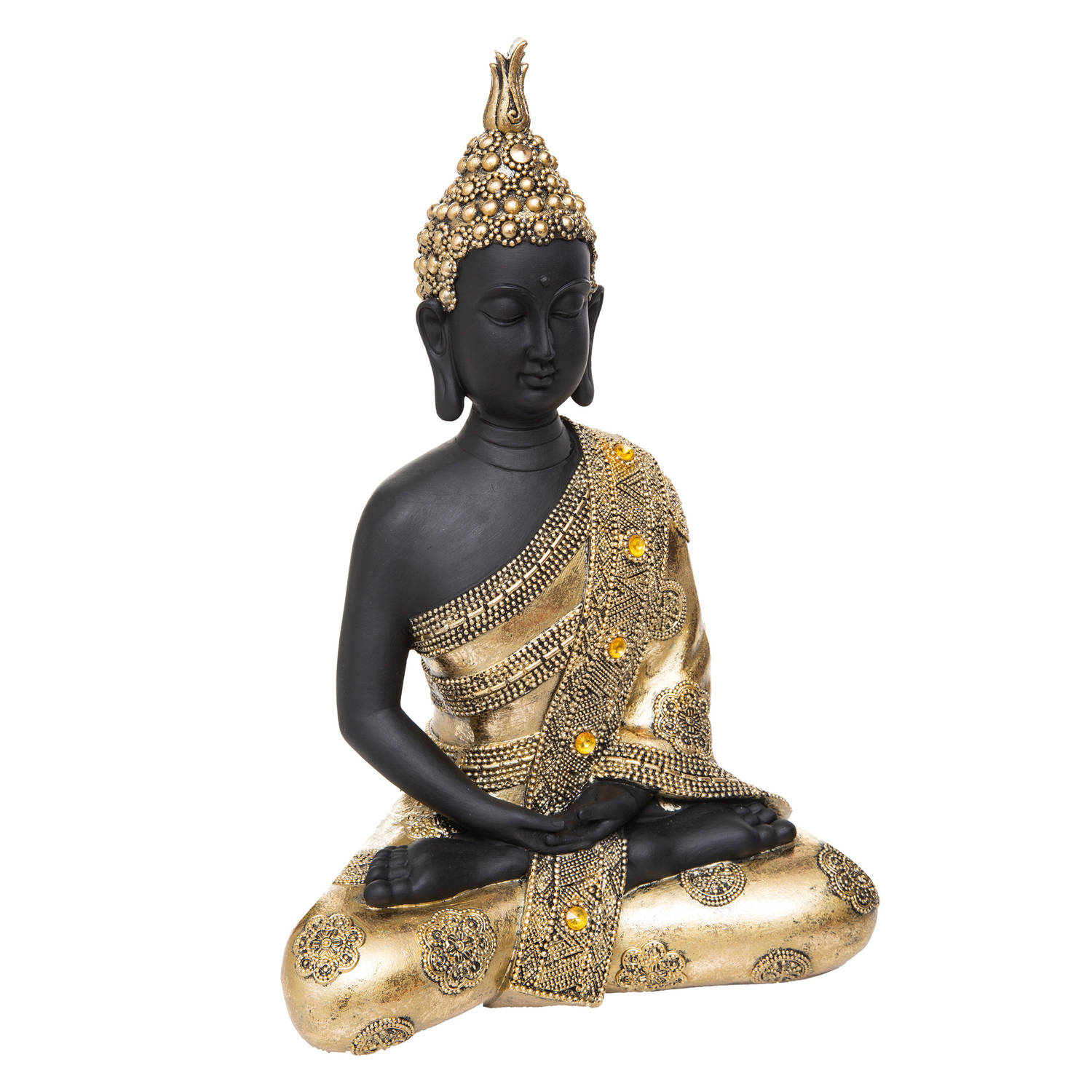 Boeddha beeld zittend binnen-buiten polyresin goud-zwart 34 cm Beeldjes