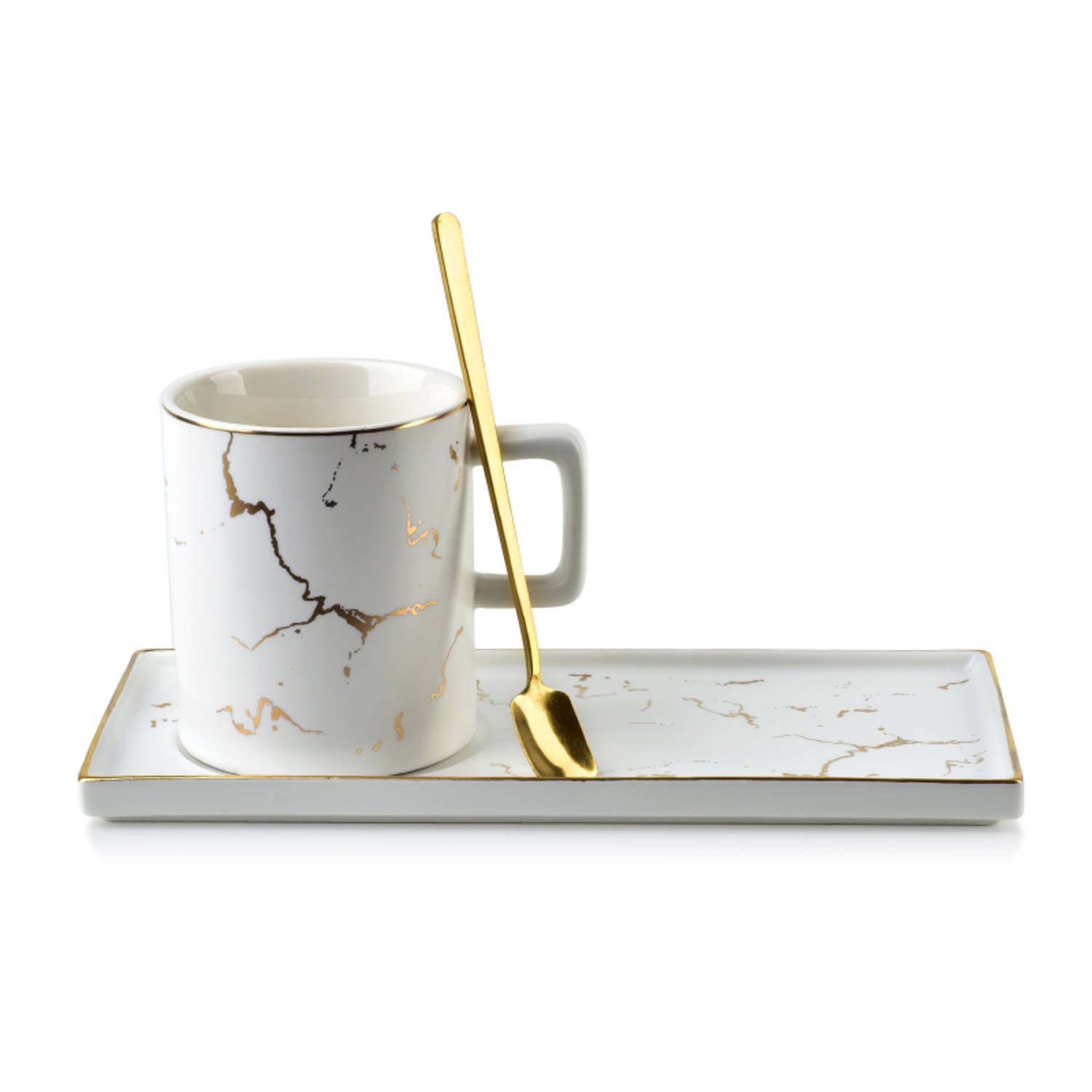 Affekdesign Odette porseleinen mok en schotel met marmer look en lepel 250ml wit - inclusief uniek gouden lepel en bijpassende schotel - koffiemok - theemok - exclusieve en elegant