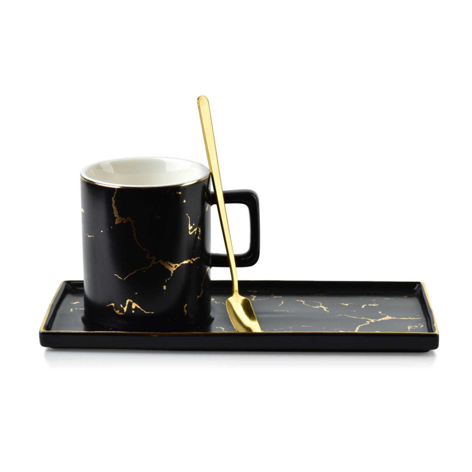Affekdesign Odette porseleinen mok en schotel met marmer look en lepel 250ml zwart - inclusief uniek gouden lepel en bijpassende schotel - koffiemok - theemok - exclusieve en elega