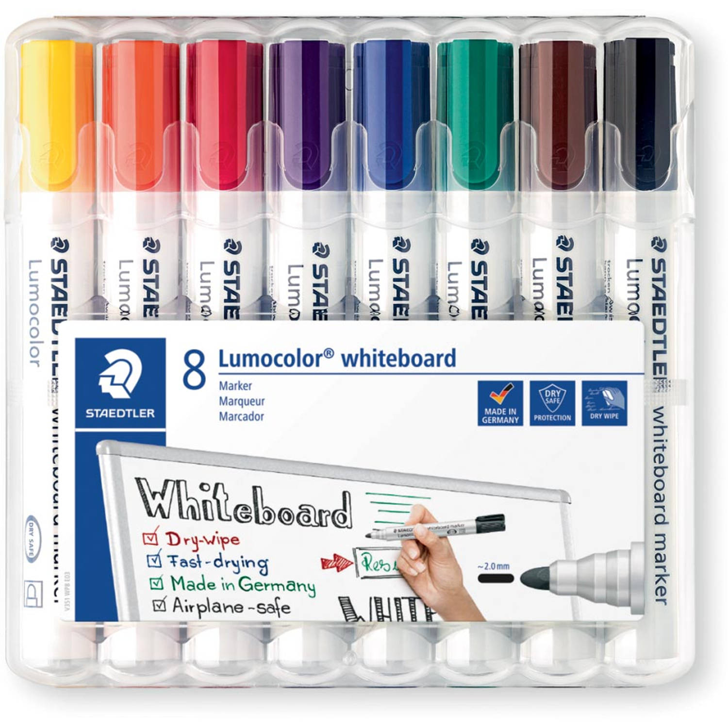 Uitwisbare marker Staedtler Lumocolor kegelpunt 2 mm geassorteerde kleuren Pak van 8