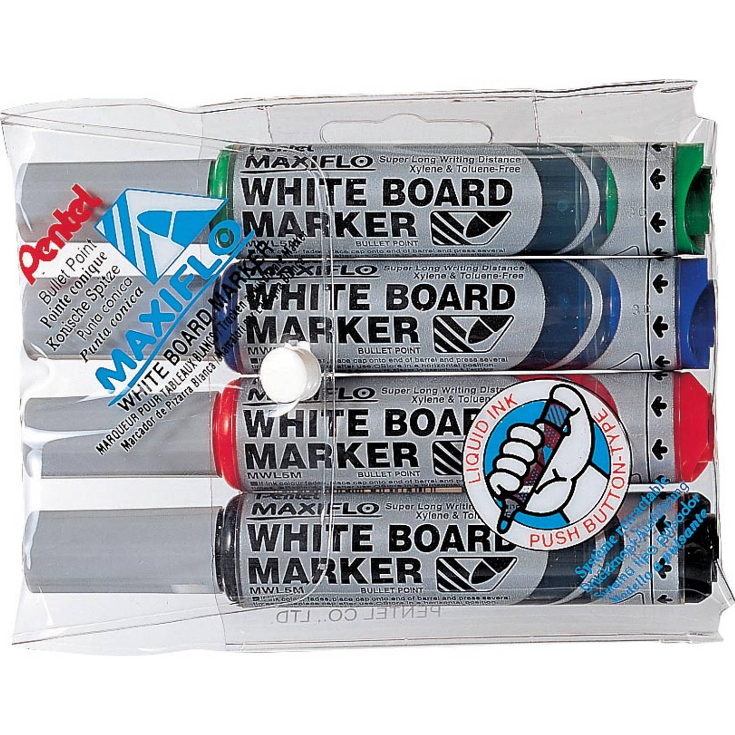 Viltstift Pentel MWL5M Maxiflo whiteboard assorti 3mm 4stuks