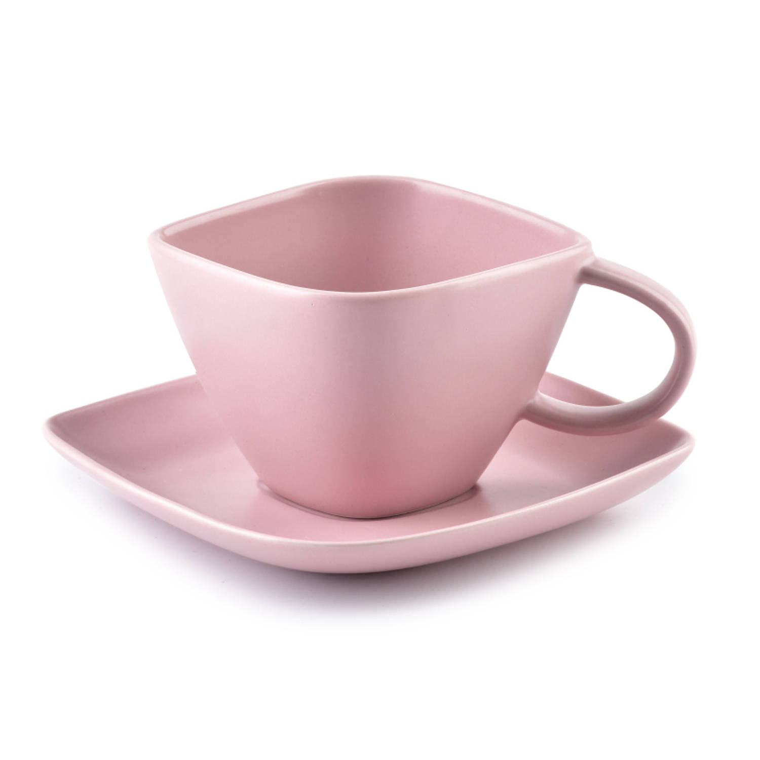 Affekdesign Happy koffie of thee kop met schotel diamant vormig 200 ml roze - Koffiekopje of theekopje met schotel - Matte poeder roze kleur - 200ml