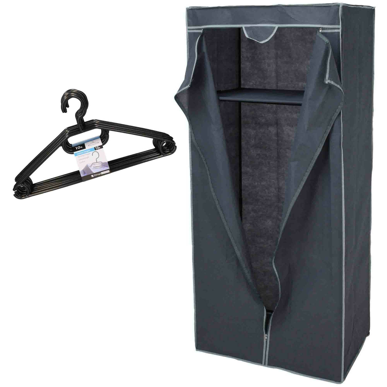 Set van mobiele kledingkast met kledinghangers opvouwbaar grijs Campingkledingkasten