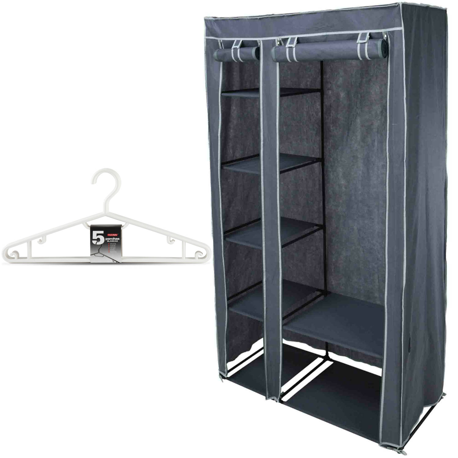 Mobiele kledingkast-garderobekast incl 10x hangers opvouwbaar grijs 174 cm Campingkledingkasten