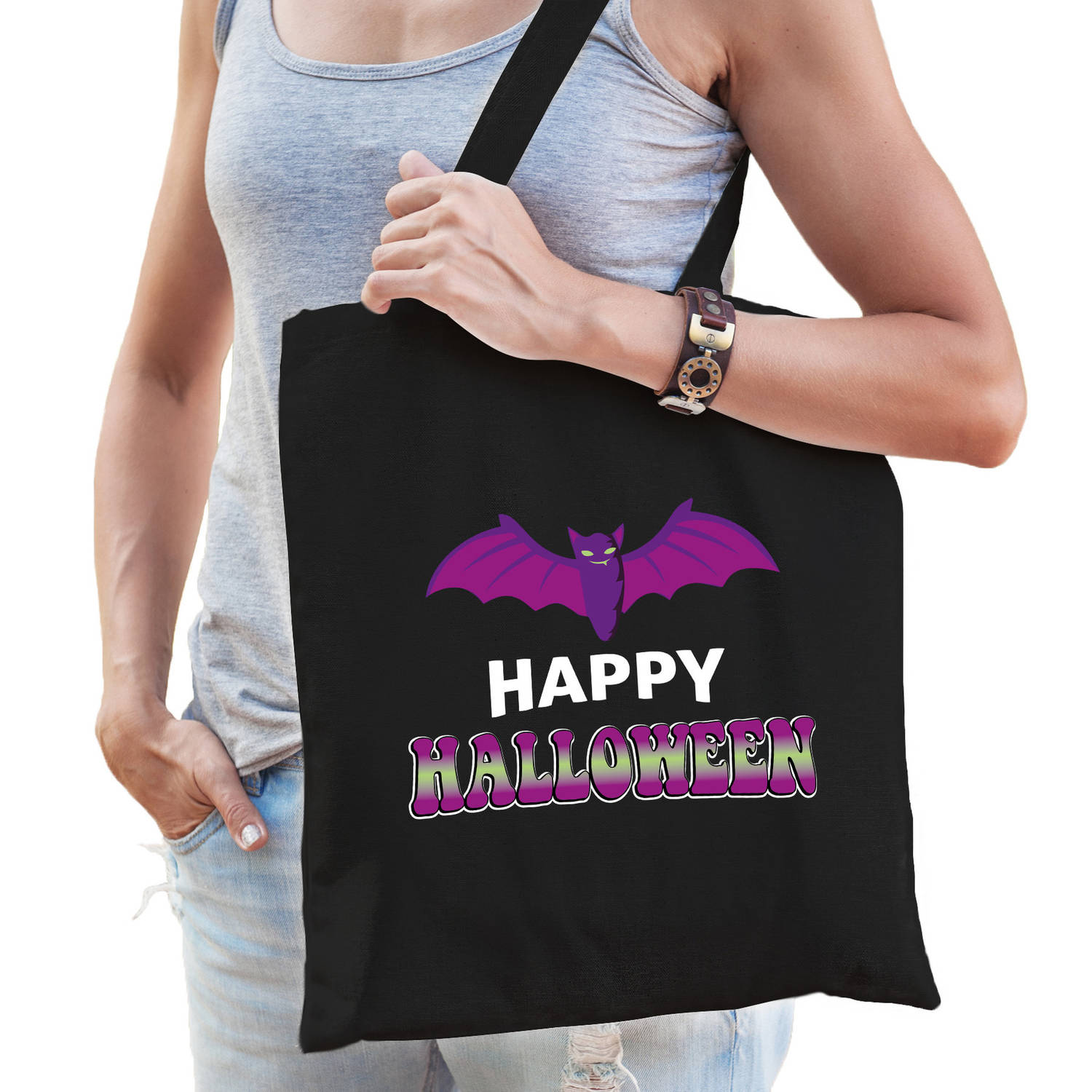 Halloween Vleermuis-happy halloween trick or treat katoenen tas- snoep tas zwart Verkleedtassen