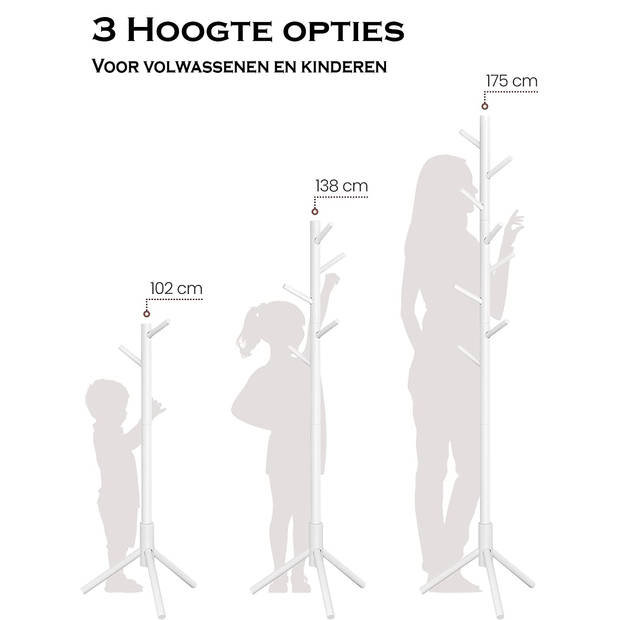 Parya Home - Staande kapstok - massief houten kapstok - met 8 haken - 3 hoogte-opties