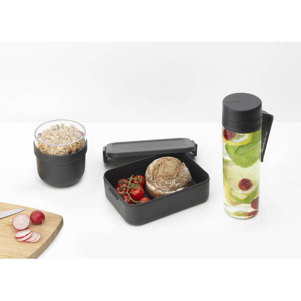 Brabantia Make & Take ontbijt- en lunchset 3-delig, kunststof (waterfles met zeef, ontbijtkom, lunchbox) - Dark Grey
