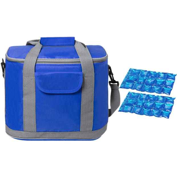 Grote koeltas draagtas/schoudertas blauw met 2 stuks flexibele koelelementen 22 liter - Koeltas