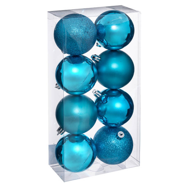 8x stuks kerstballen turquoise blauw glans en mat kunststof 7 cm - Kerstbal