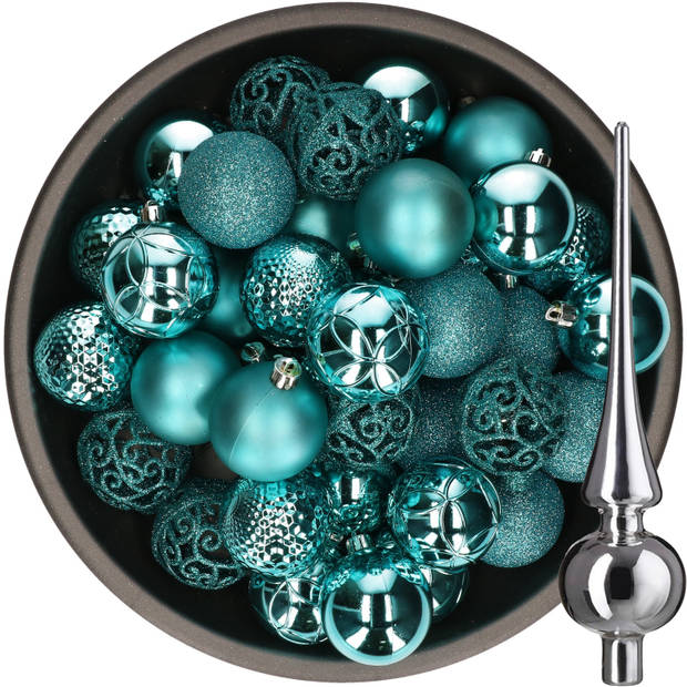 37x stuks kunststof kerstballen 6 cm turquoise incl. glazen piek glans zilver - Kerstbal