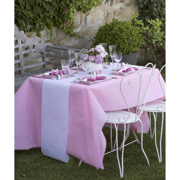 Feest tafelkleed met loper op rol - roze/wit - 10 meter - Feesttafelkleden