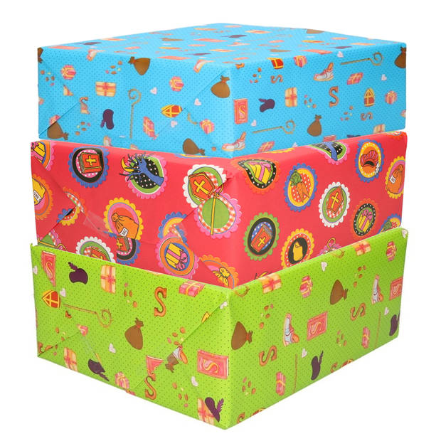 Setje van 6x rollen Sinterklaas inpakpapier/cadeaupapier 2,5 x 0,7 meter 3 soorten prints - Cadeaupapier