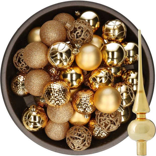 37x stuks kunststof kerstballen 6 cm incl. glazen piek glans goud - Kerstbal
