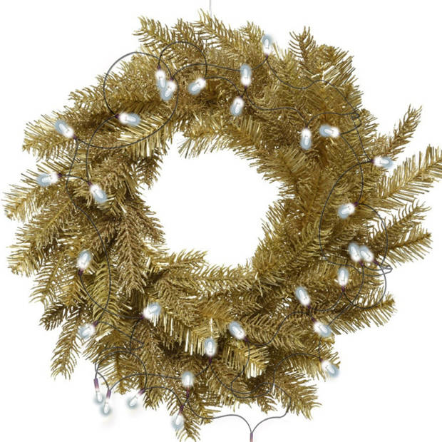 Kerstkrans goud glitter 50 cm incl. verlichting helder wit 4m - Kerstkransen