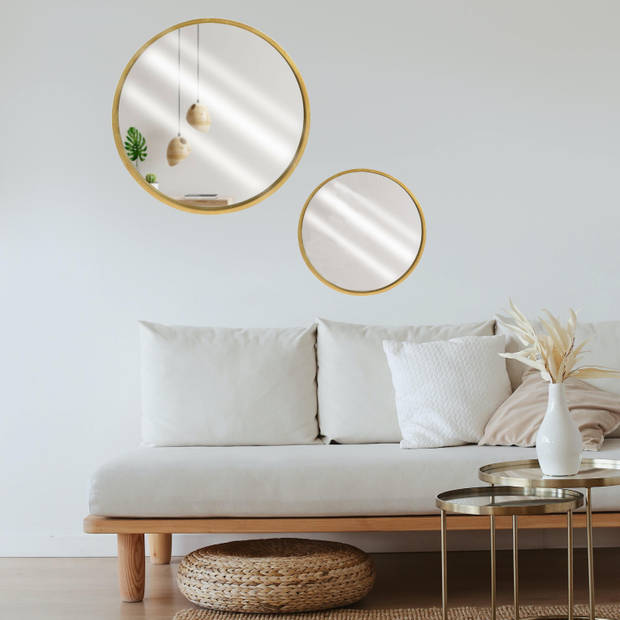 Wandspiegels rond - 2x - goud - 30 cm + 50 cm - hout - Spiegels