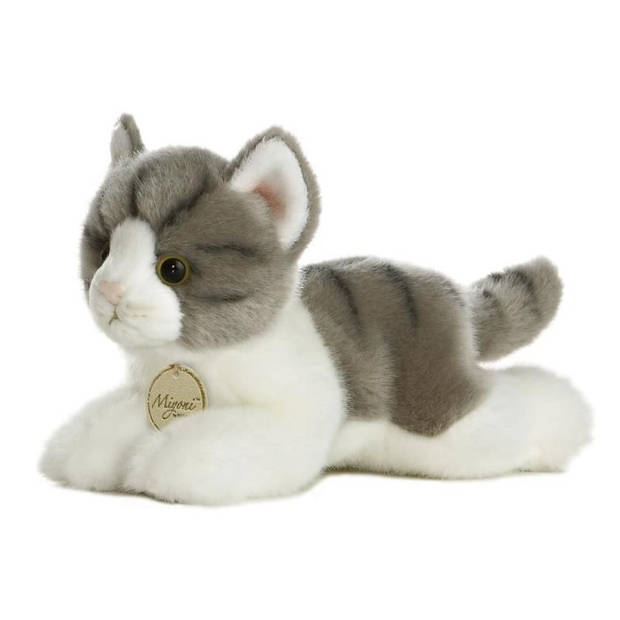 Pluche knuffel kat/poes grijs/witte 20 cm met A5-size Happy Birthday wenskaart - Knuffel huisdieren