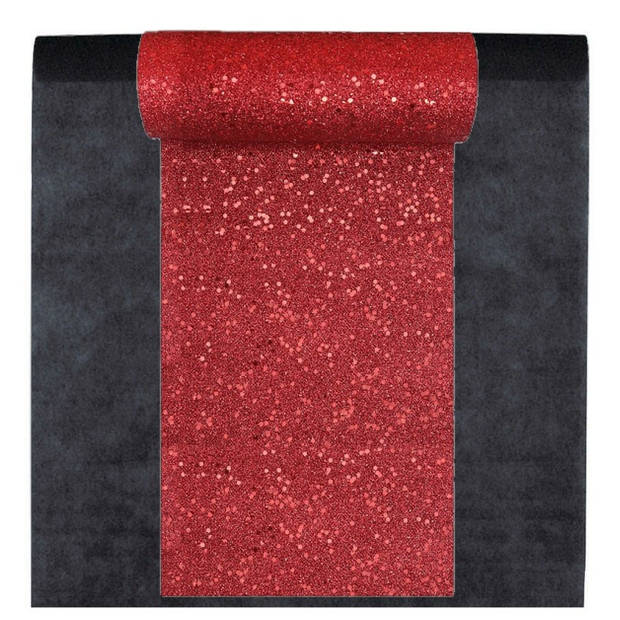 Feest tafelkleed met glitter loper op rol - zwart/rood - 10 meter - Feesttafelkleden