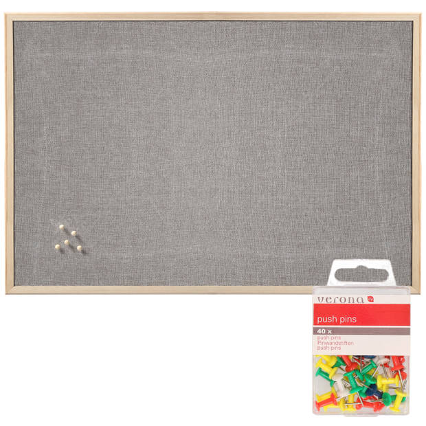 Prikbord incl. 40x punaises gekleurd - 60 x 80 cm - grijs - textiel - Prikborden