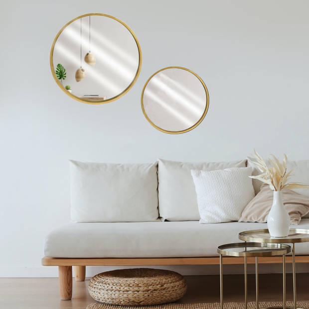 Wandspiegels rond - 2x - goud - 30 cm + 40 cm - hout - Spiegels