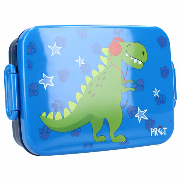 Pret Dino broodtrommel/lunchbox voor kinderen - blauw - kunststof - 16 x 13 cm - Lunchboxen