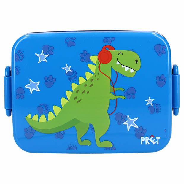 Pret Dino broodtrommel/lunchbox voor kinderen - blauw - kunststof - 16 x 13 cm - Lunchboxen
