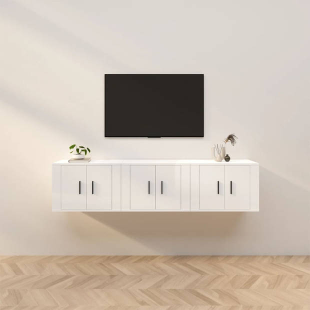 The Living Store TV-wandmeubel - Hoogglans wit - Set van 3 - 57x34.5x40cm - Bewerkt hout