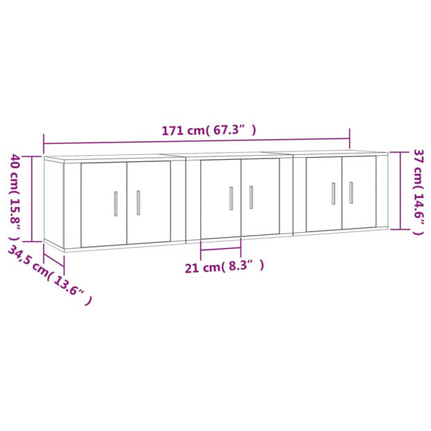 vidaXL Tv-wandmeubels 3 st 57x34,5x40 cm betongrijs