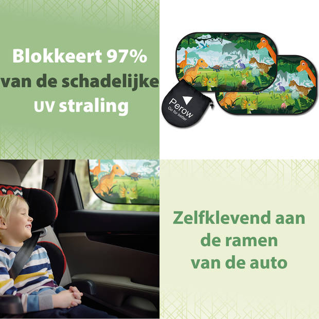 NIEUW - Perow - Auto zonnescherm - Dinosaurussenwereld – UV Protectie – Zonnescherm auto kind - Baby - Set van 2