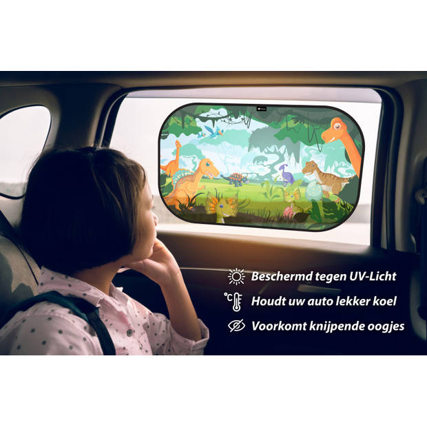 NIEUW - Perow - Auto zonnescherm - Dinosaurussenwereld – UV Protectie – Zonnescherm auto kind - Baby - Set van 2