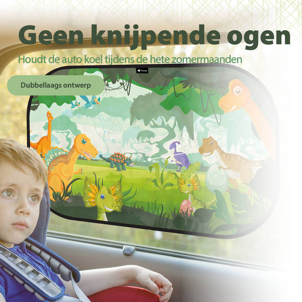 NIEUW - Perow - Auto zonnescherm - Dinosaurussenwereld – UV Protectie – Zonnescherm auto kind - Baby - Set van 2