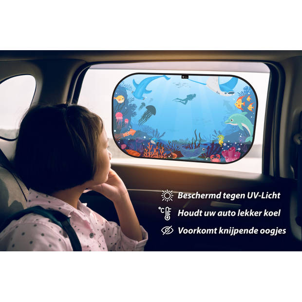 NIEUW - Perow - Auto zonnescherm - Onderwaterwereld – UV Protectie – Zonnescherm auto kind - Baby - Set van 2