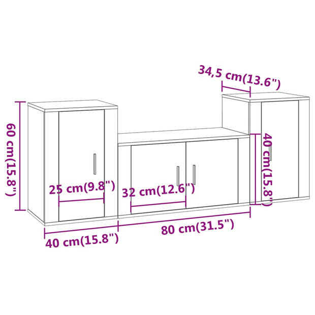 The Living Store TV-meubelset - Sonoma eiken - 80 x 34.5 x 40 cm - Inclusief 1 x 80 cm tv-meubel en 2 x 40 cm tv-meubel