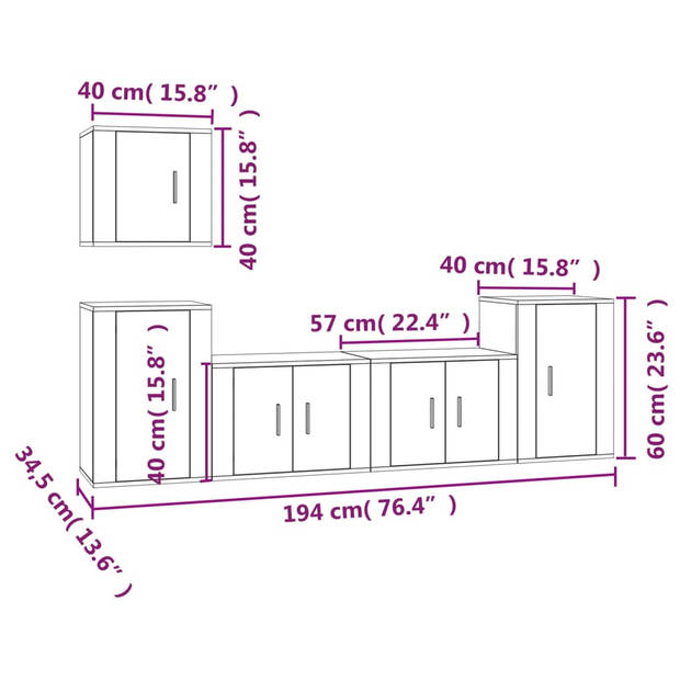 The Living Store TV-meubelset zwart - 57 x 34.5 x 40 cm - 40 x 34.5 x 40 cm - 40 x 34.5 x 60 cm