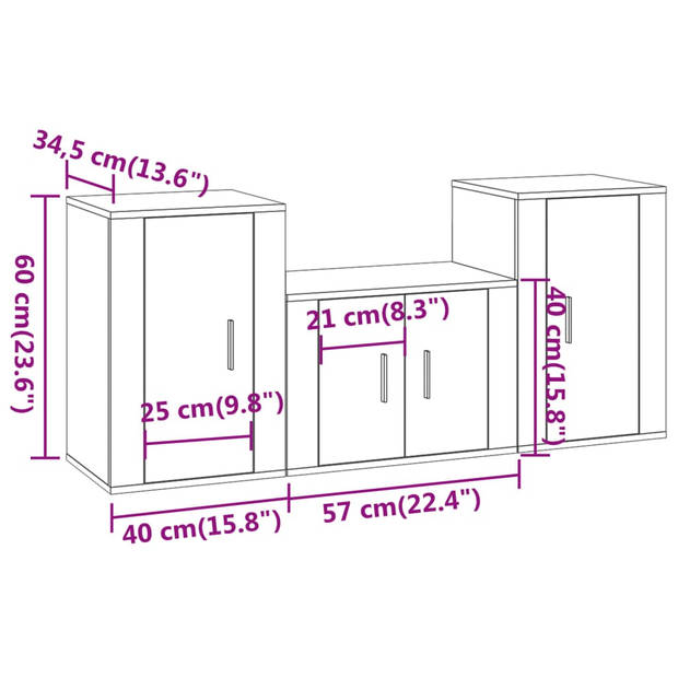 The Living Store Klassieke televisiekastenset - Bruineiken - 1x 57x34.5x40 cm - 2x 40x34.5x60 cm