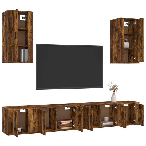 The Living Store Televisiekastenset - Klassiek - Bewerkt hout - Gerookt eiken - 2x 80x34.5x40cm - 2x 40x34.5x40cm - 2x