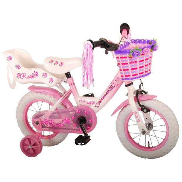 Volare Kinderfiets Rose - 12 inch - Roze/Wit - Inclusief fietshelm + accessoires
