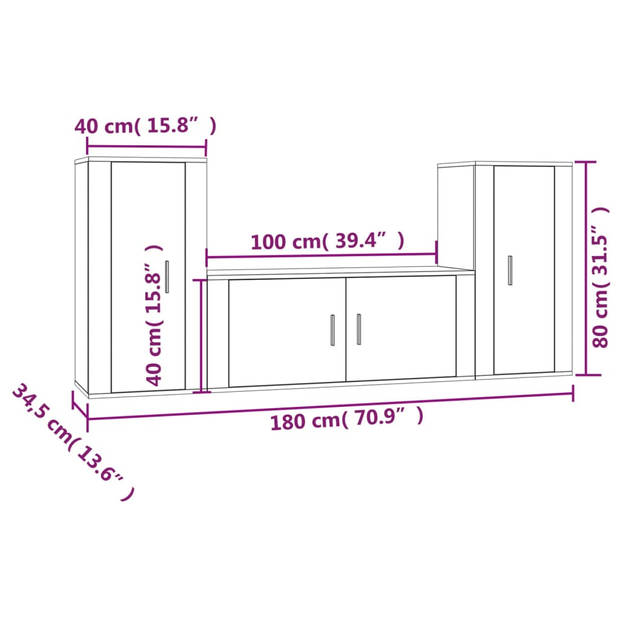 The Living Store TV-meubel - Klassiek - Wandgemonteerd - Hoogglans Wit - 1x 100x34.5x40cm - 2x 40x34.5x80cm