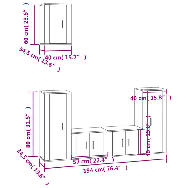 The Living Store Klassieke Televisiekastenset - TV-meubel - Gerookt Eiken - 2x 57x34.5x40cm + 2x 40x34.5x80cm + 1x