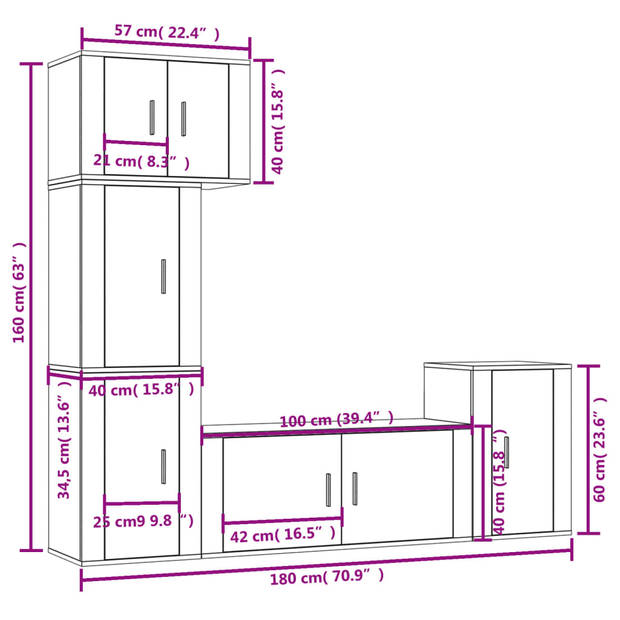 The Living Store TV-meubelset - Gerookt Eiken - Classic s - Wandgemonteerd - 100x34.5x40 cm