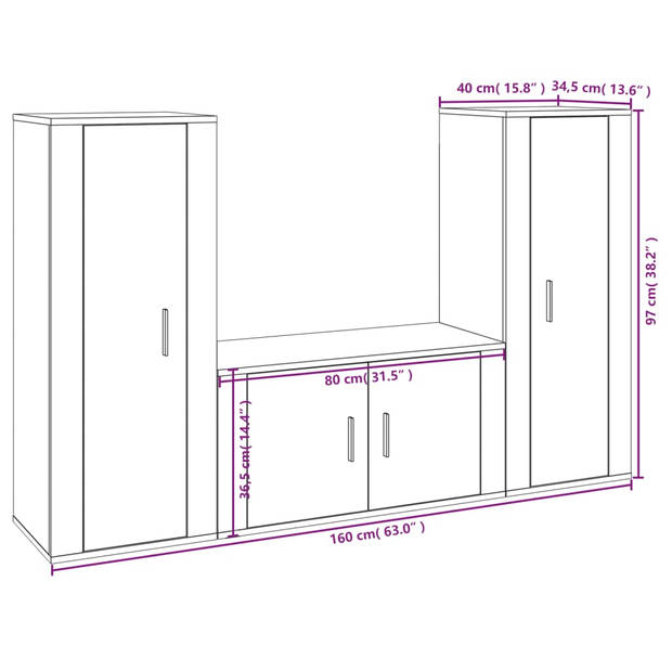 The Living Store Klassieke Televisiekastenset - Bewerkt hout - Wandgemonteerd - 2x40x34.5x100 cm - 1x80x34.5x40 cm