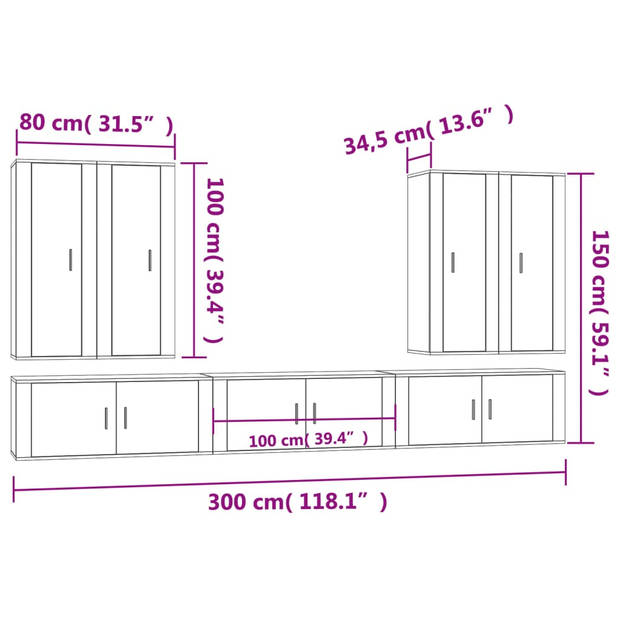 The Living Store TV-meubelset - bewerkt hout - hoogglans wit - 4 x 40x34.5x100 cm - 3 x 100x34.5x40 cm