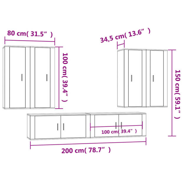 The Living Store Tv-meubelset - Gerookt eiken - 6 stuks - 100 x 34.5 x 40 cm (B x D x H)