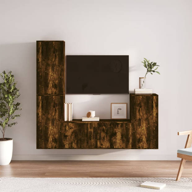 The Living Store 4-delige Tv-meubelset bewerkt hout gerookt eikenkleurig - Kast