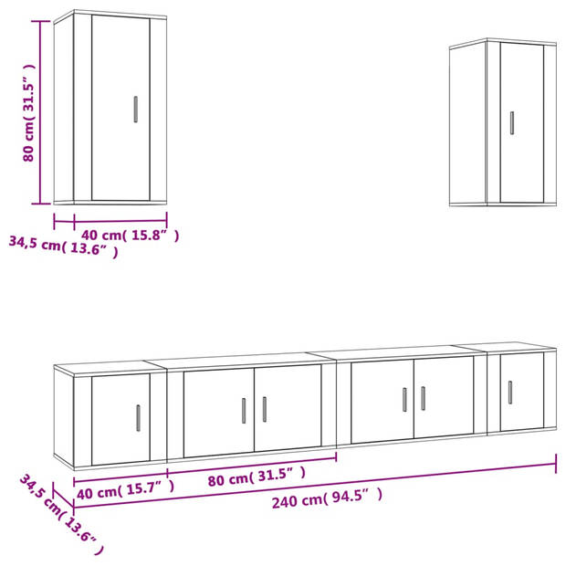 The Living Store Televisiekastenset - Klassiek - Bewerkt hout - Gerookt eiken - 2x 80x34.5x40cm - 2x 40x34.5x40cm - 2x