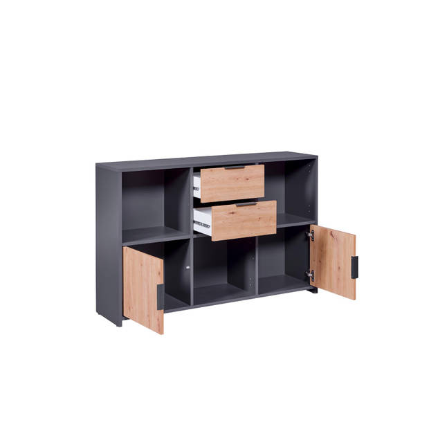 Pepeto dressoir 2 laden, 2 deuren, 3 planken grijs, Artisan eik decor.