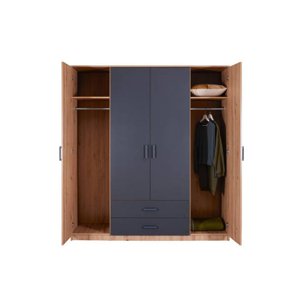 Liora kledingkast 4 deuren, 2 laden grijs, Artisan eik decor.