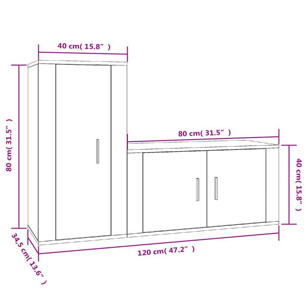 The Living Store Televisiekastenset - Klassiek - Tv-meubel - 80x34.5x40cm - 40x34.5x80cm - Grijs Sonoma Eiken