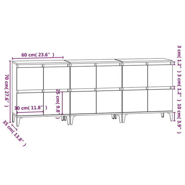 vidaXL Dressoirs 3 st 60x35x70 cm bewerkt hout zwart