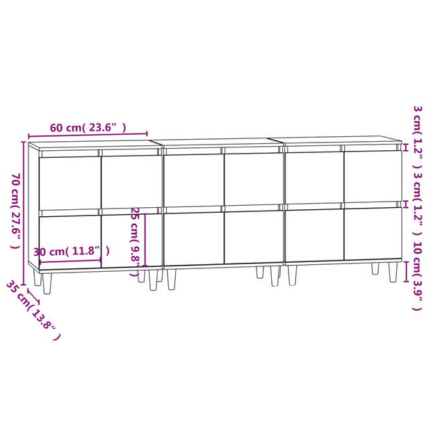 vidaXL Dressoirs 3 st 60x35x70 cm bewerkt hout hoogglans wit